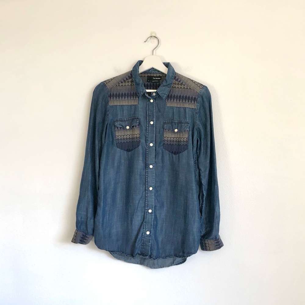 The Kooples Dark Wash Denim Geometric Embroidered Button Up Shirt Size Small